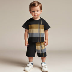 Boys Black Stripes Print Short Sleeve T-Shirt With Shorts Set