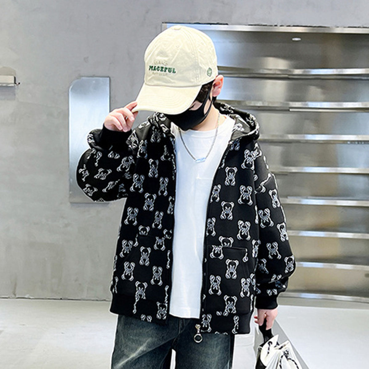 Boys Black Teddy Printed Hooded Front Zipper Winter Jacket