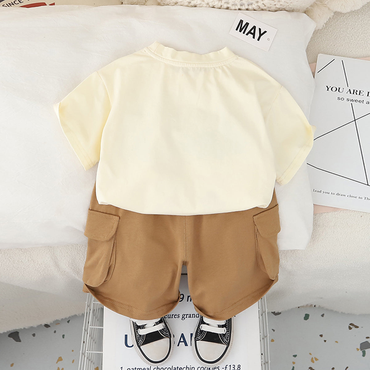Boys Apricot Graphic Bear Printed T-Shirt With Cargo Shorts Set