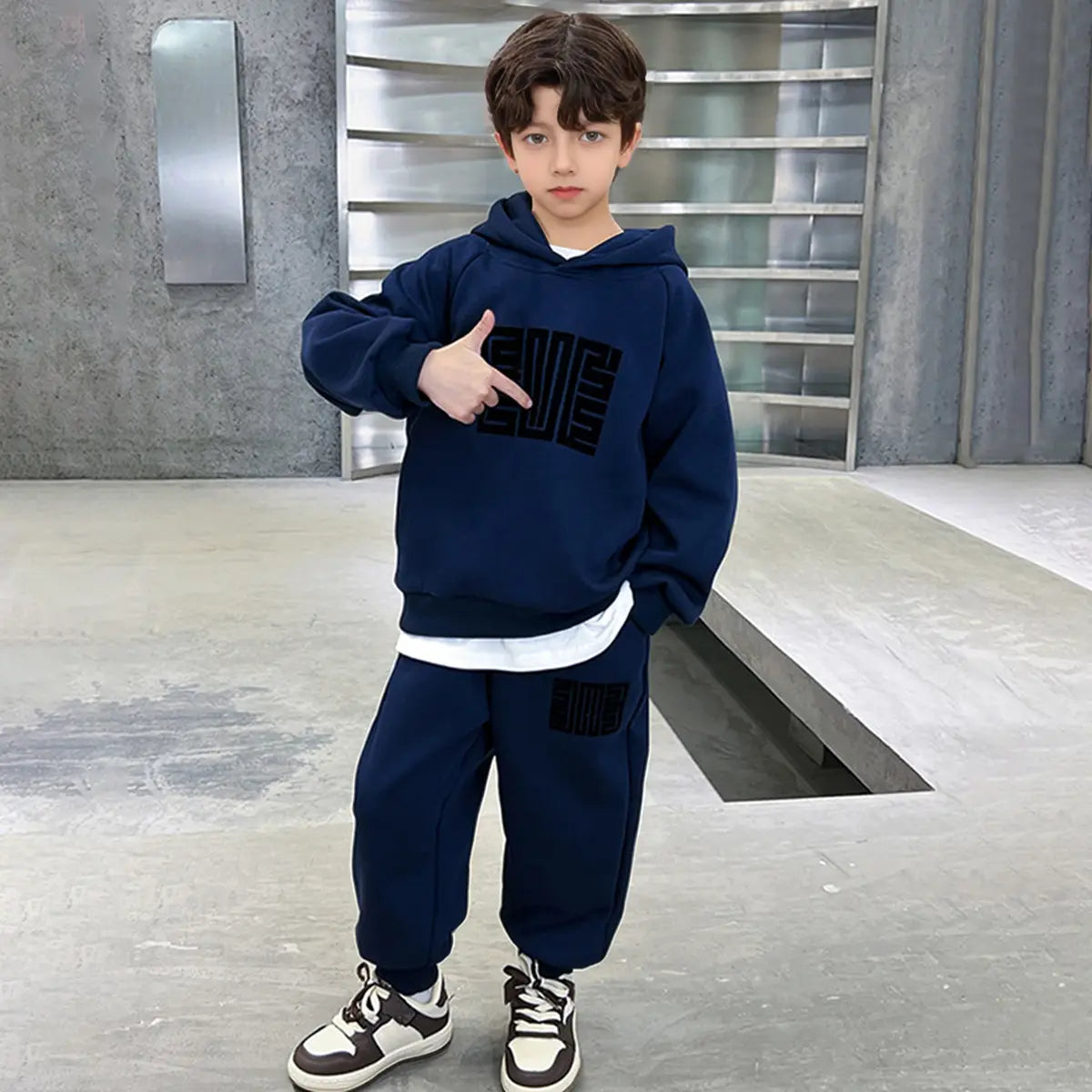 Boys Blue Abstract Printed Hooded Oversized Sweatshirt With Jogger Sets