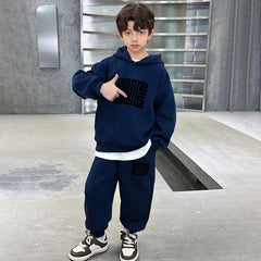 Boys Blue Abstract Printed Hooded Oversized Sweatshirt With Jogger Sets