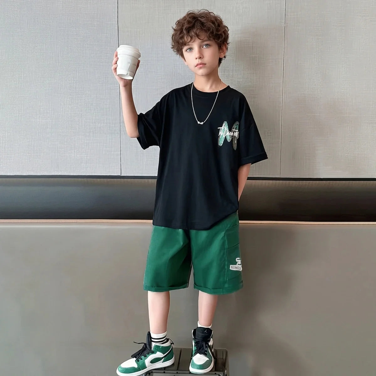Boys Black Graphic Print Short Sleeve T-Shirt With Elasticated Shorts Sets