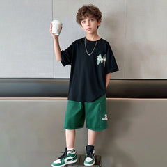 Boys Black Graphic Print Short Sleeve T-Shirt With Elasticated Shorts Sets
