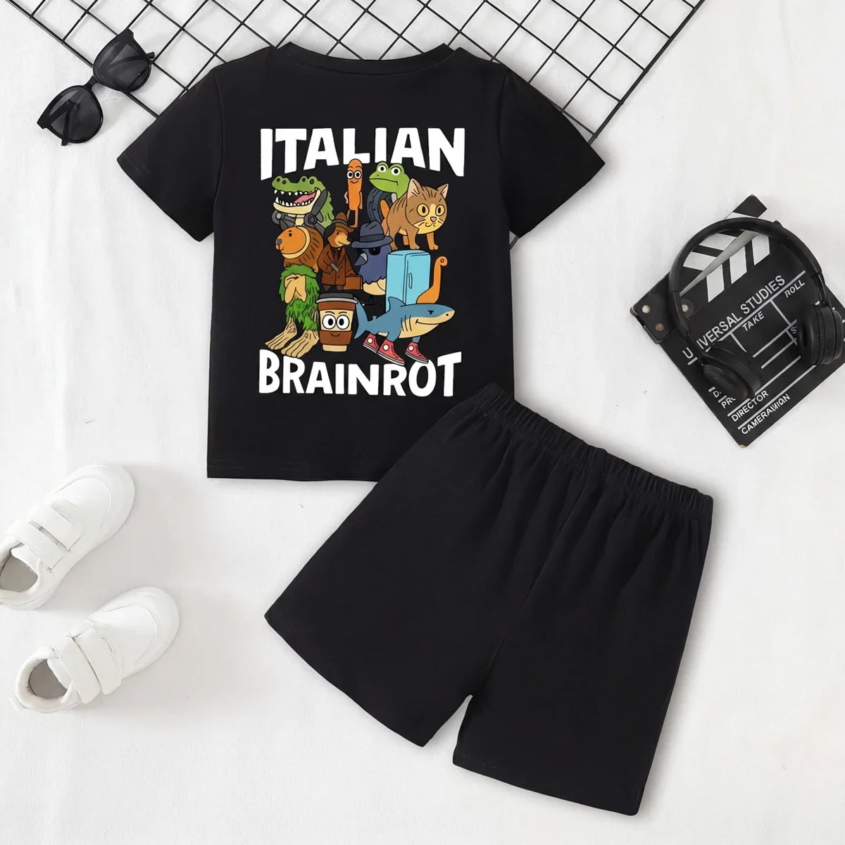Boys Black Graphic Short Sleeve T-Shirt With Shorts Sets