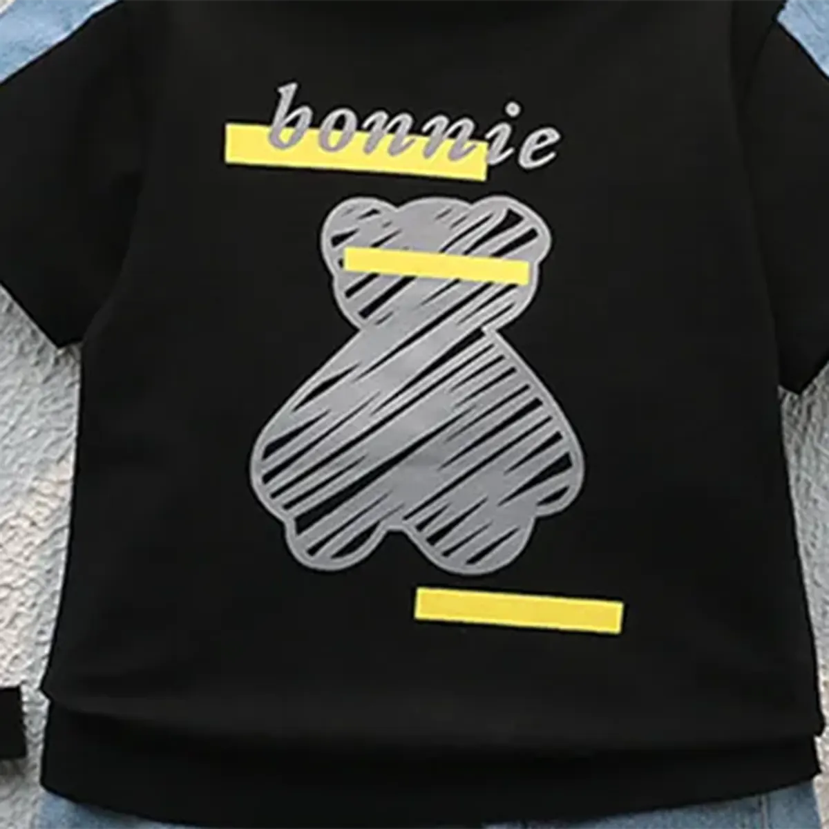 Boys Black Graphic Polo T-Shirt With Denim Shorts Set