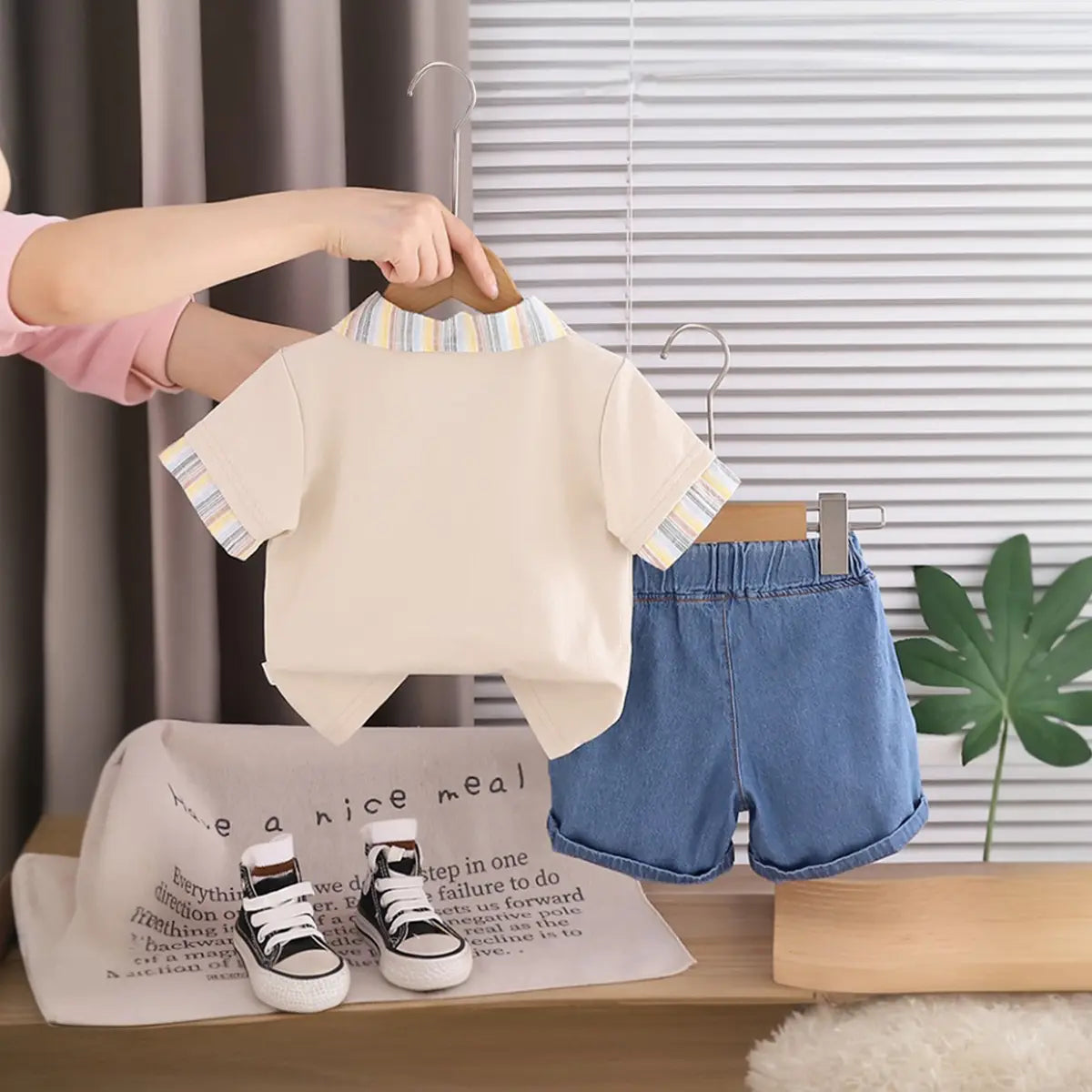 Boys Beige Bear Graphic Polo T-Shirt With Denim Shorts Sets