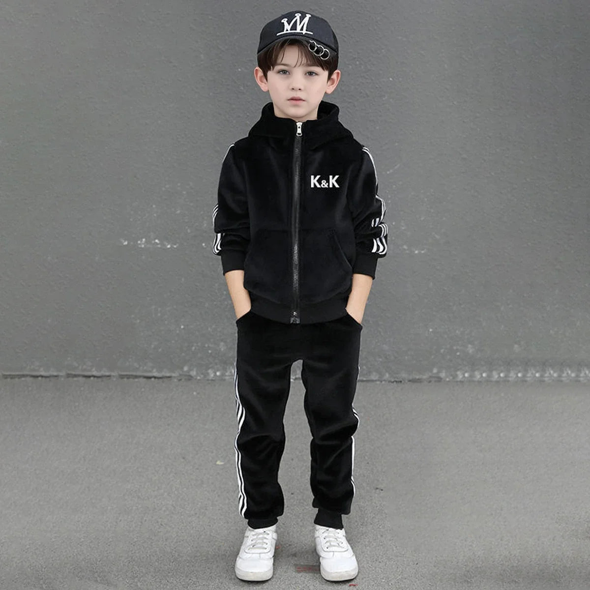 Boys Black Three Side Stripes Hooded Zip-up Jacket With Jogger Sets