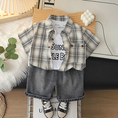 Boys Beige Checked Shirt With Printed T-Shirt And Denim Shorts Sets