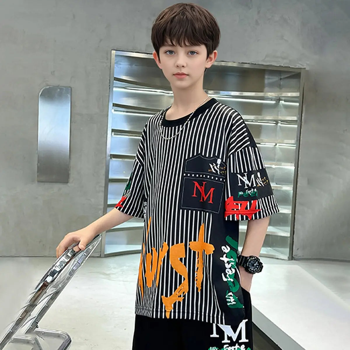 Boys Black Stripes & Typographic Printed Oversized T-Shirt With Shorts Set