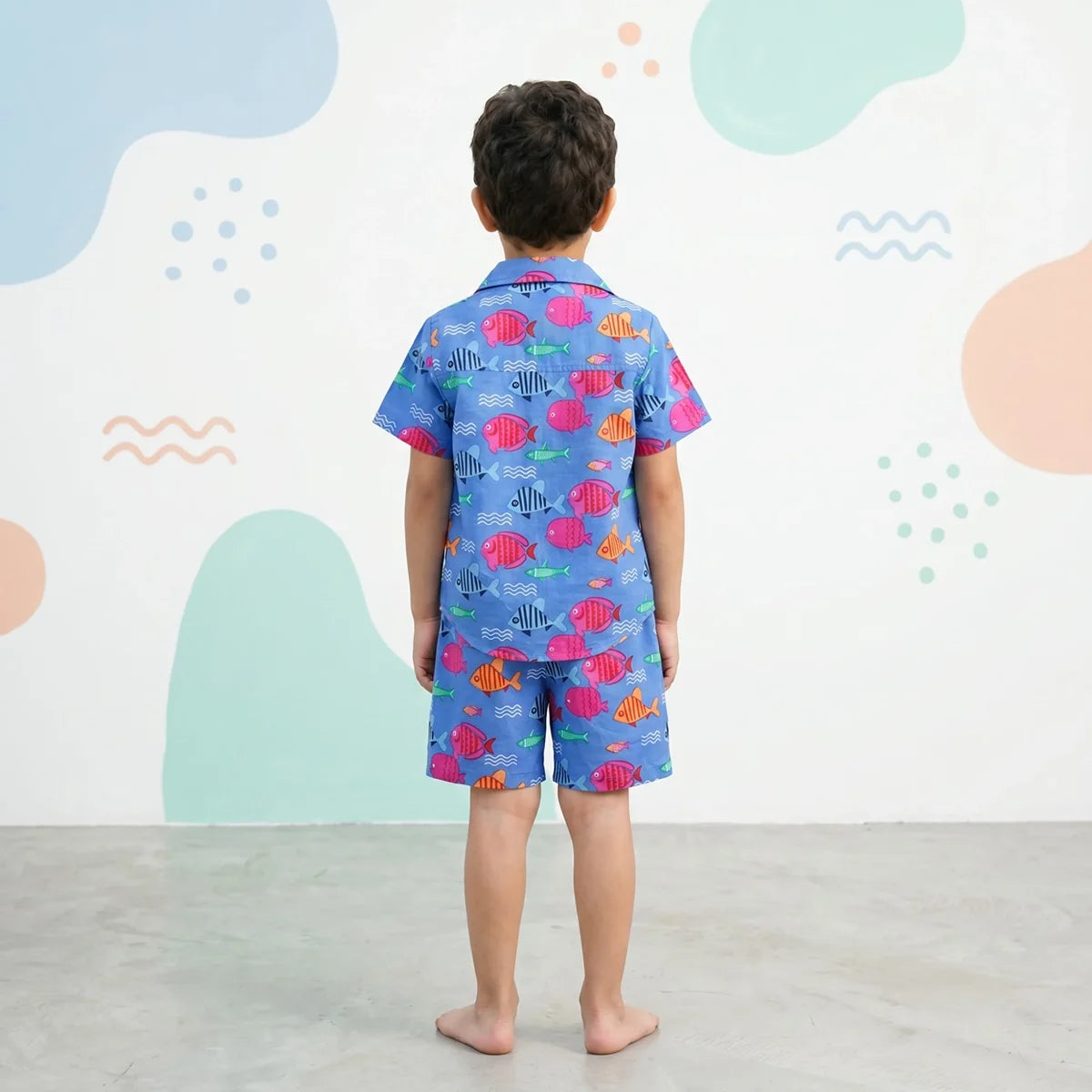 Boys Blue Fish Printed Short Sleeves Shirt With Printed Shorts Sets