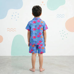 Boys Blue Fish Printed Short Sleeves Shirt With Printed Shorts Sets