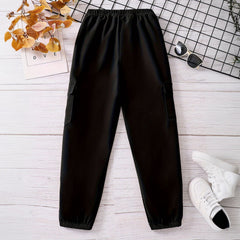 Boys Black Solid Elasticated Bottom Cargo Trouser