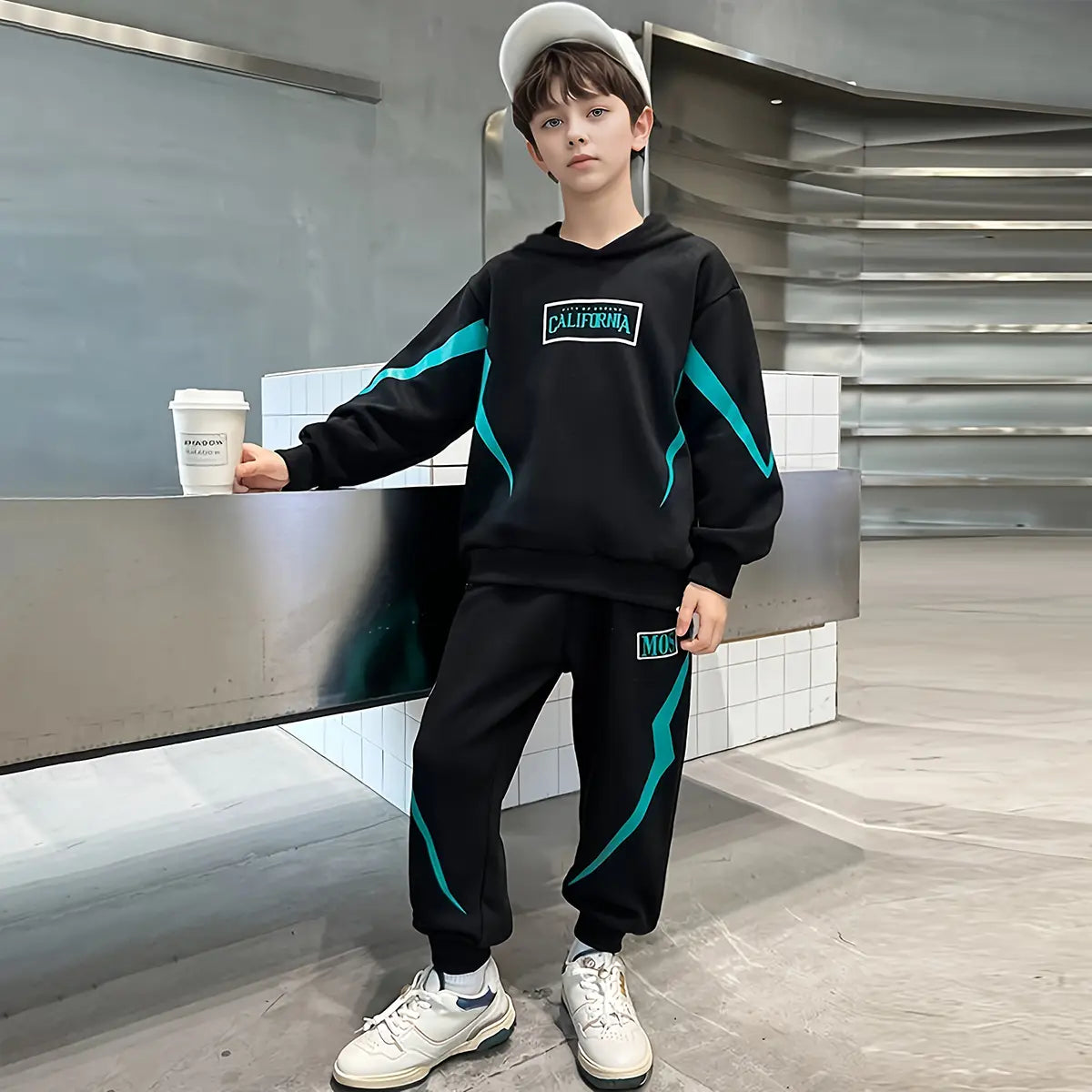 Boys Black Typographic Printed Hooded Sweatshirt With Jogger Sets