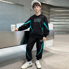 Boys Black Typographic Printed Hooded Sweatshirt With Jogger Sets