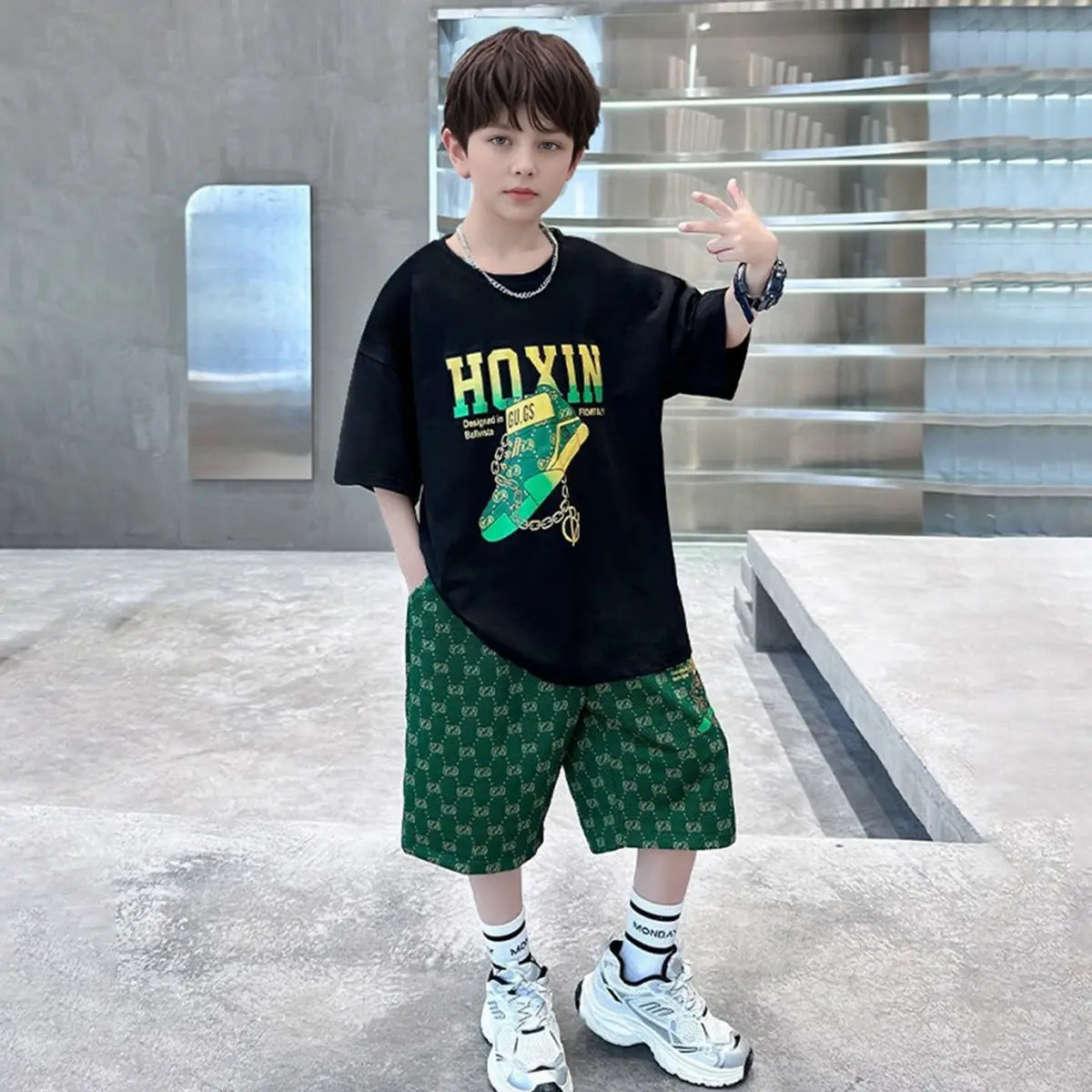 Boys Black Graphics Oversized T-Shirt With Shorts Set