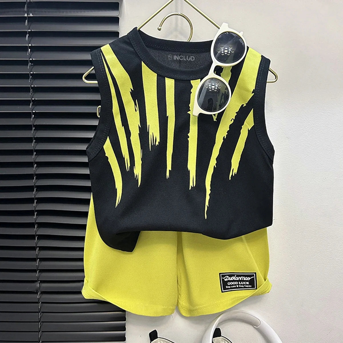 Boys Black Abstract Printed Sleeveless T-Shirt With Shorts Sets