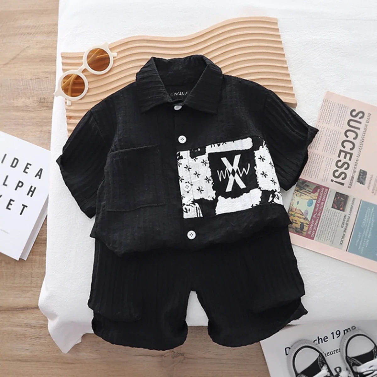 Boys Black Typographic Printed Short Sleeve Shirt With Elasticated Shorts Sets