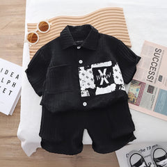 Boys Black Typographic Printed Short Sleeve Shirt With Elasticated Shorts Sets