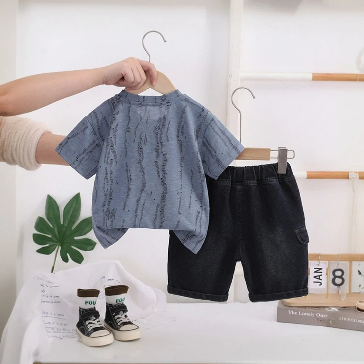 Boys Blue Bear Graphic Short Sleeve T-Shirt With Denim Shorts Sets