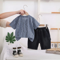 Boys Blue Bear Graphic Short Sleeve T-Shirt With Denim Shorts Sets