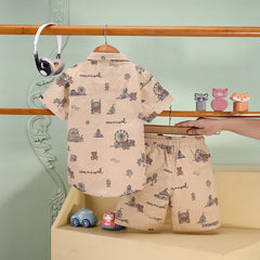Boys Apricot Carnival Print Short Sleeve Shirt With T-Shirt And Shorts Sets
