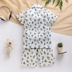 Boys Blue Cactus Printed Shirt With T-Shirt And Shorts Sets