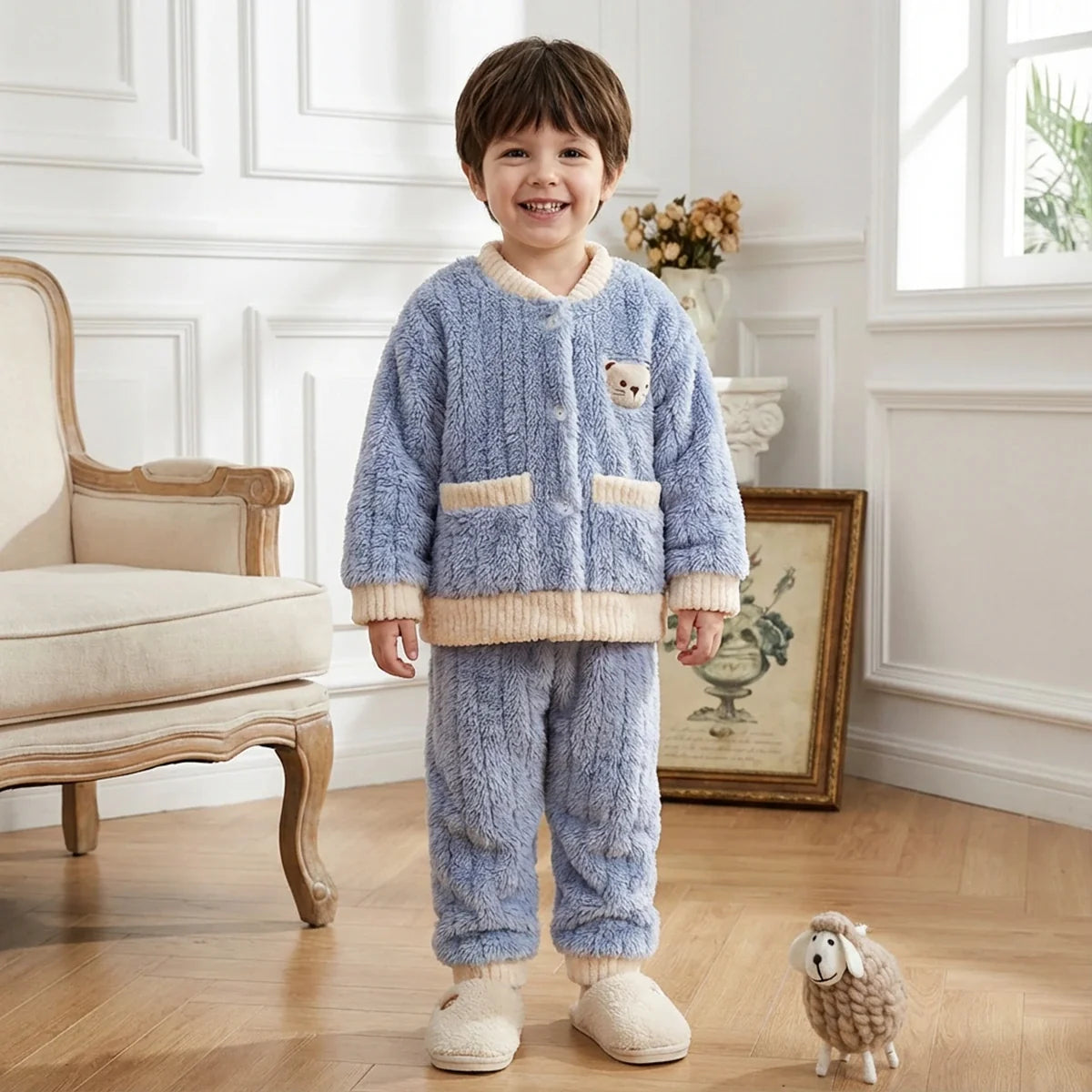Boys Blue Fleece Bear Applique Button-up Jacket With Jogger Co-ord Sets
