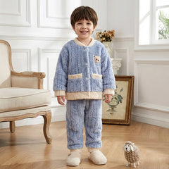 Boys Blue Fleece Bear Applique Button-up Jacket With Jogger Co-ord Sets