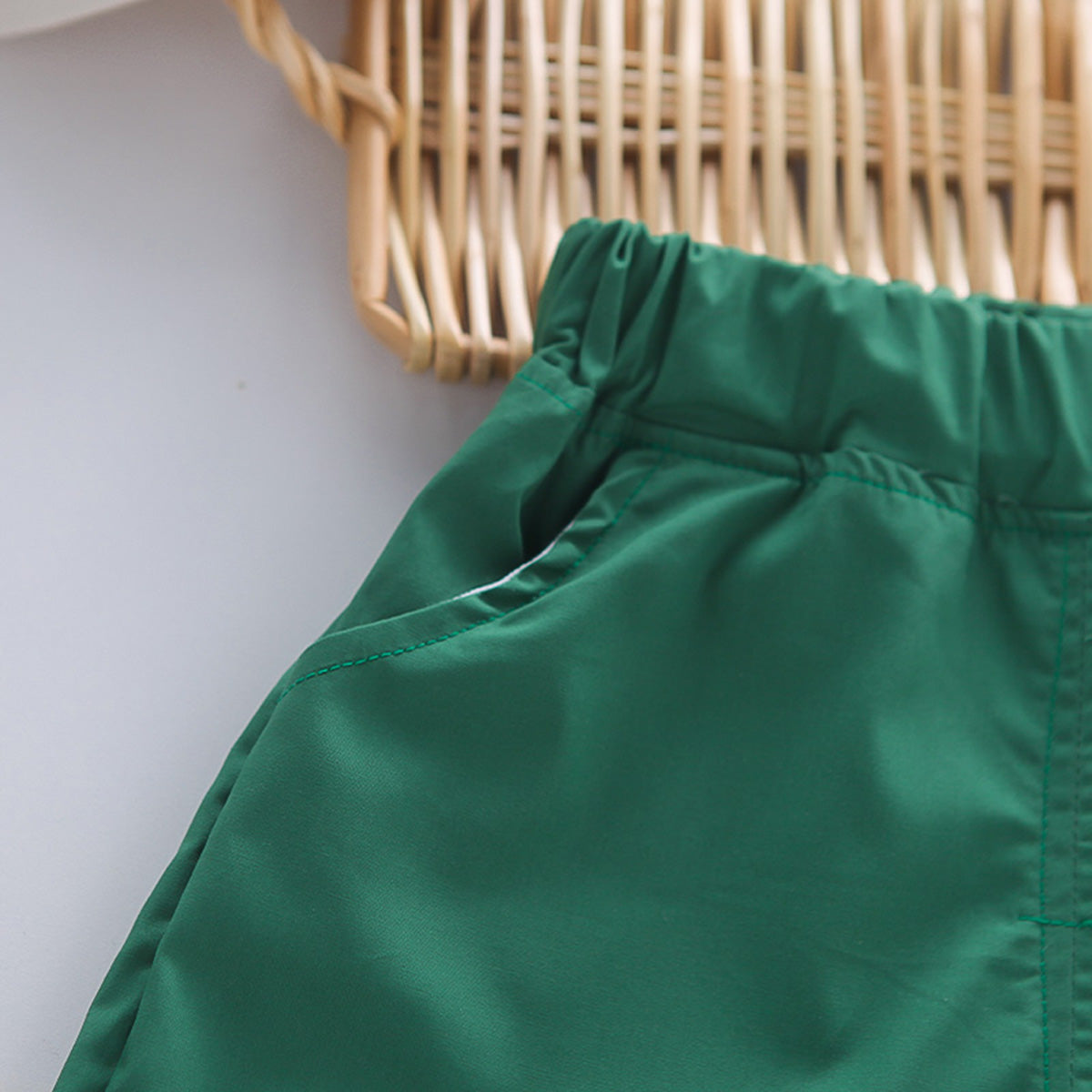 Boys Bag-pack Appliqued T-Shirt With Green Shorts Set