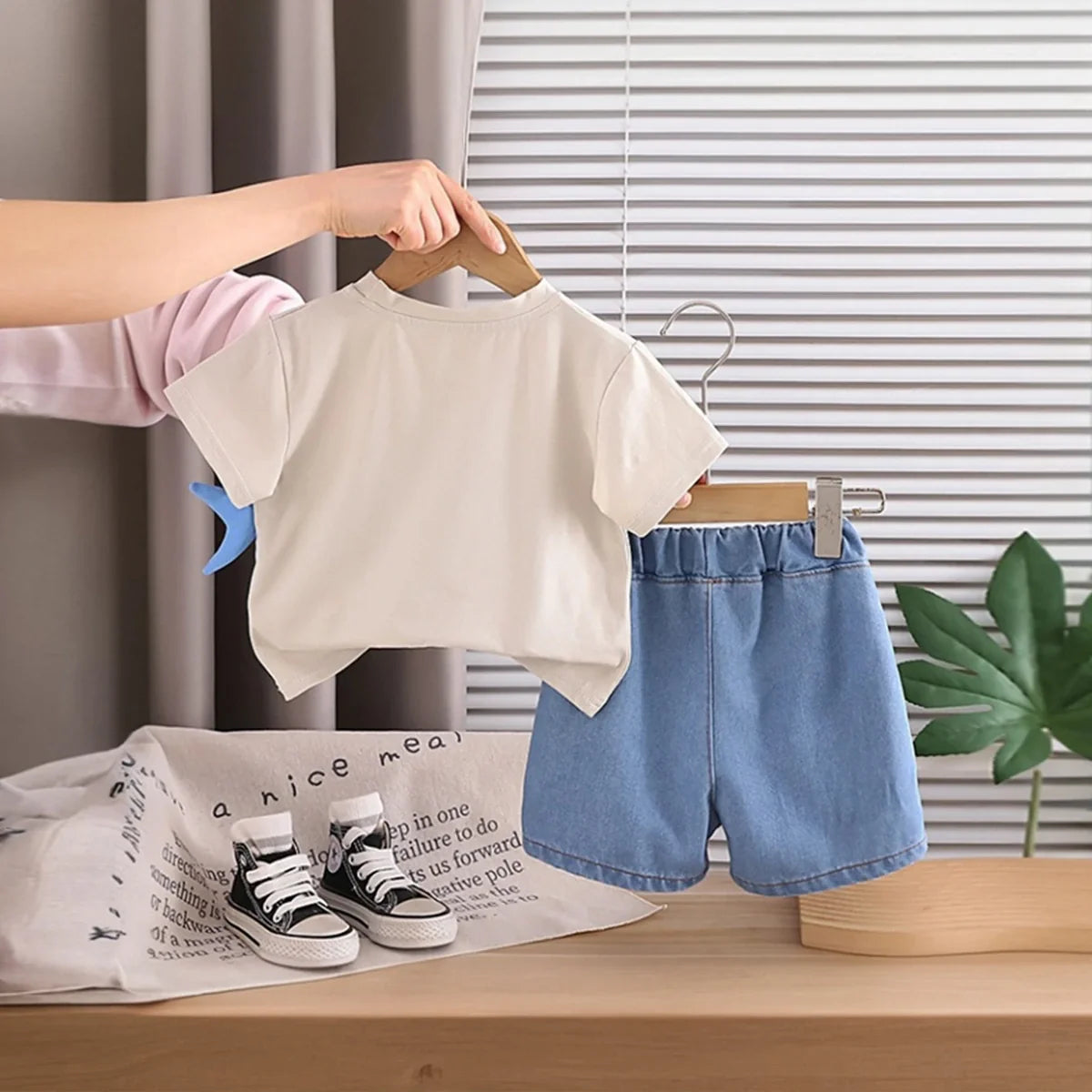 Boys Beige Shark Pirate Graphic Short Sleeve T-Shirt With Denim Shorts Sets