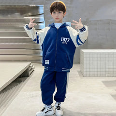 Boys Blue Alphanumeric Printed Oversized Hooded Zipper Jacket With Jogger Sets