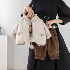 Boys Beige Jacket With Regular Applique Sweatshirt With Trouser Sets