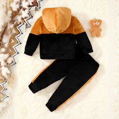 Boys Black Velveteen Hooded Sweatshirt with Trackpants Set