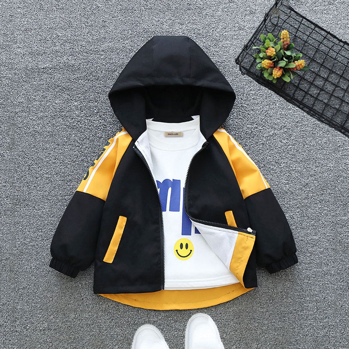 Boys Black Long Sleeve Hooded Printed Jacket