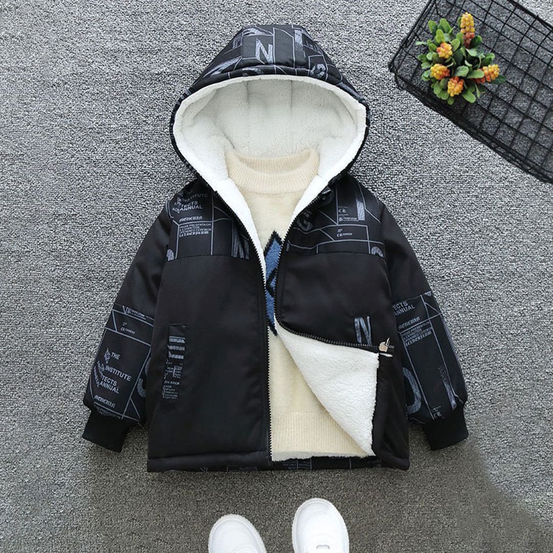 Boys Black Hooded Full Sleeves Fleece Lined Jacket