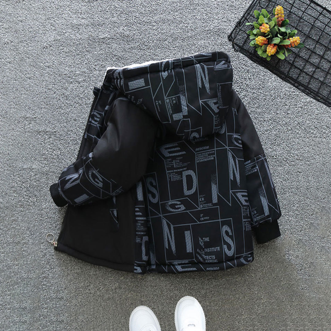 Boys Black Hooded Full Sleeves Fleece Lined Jacket