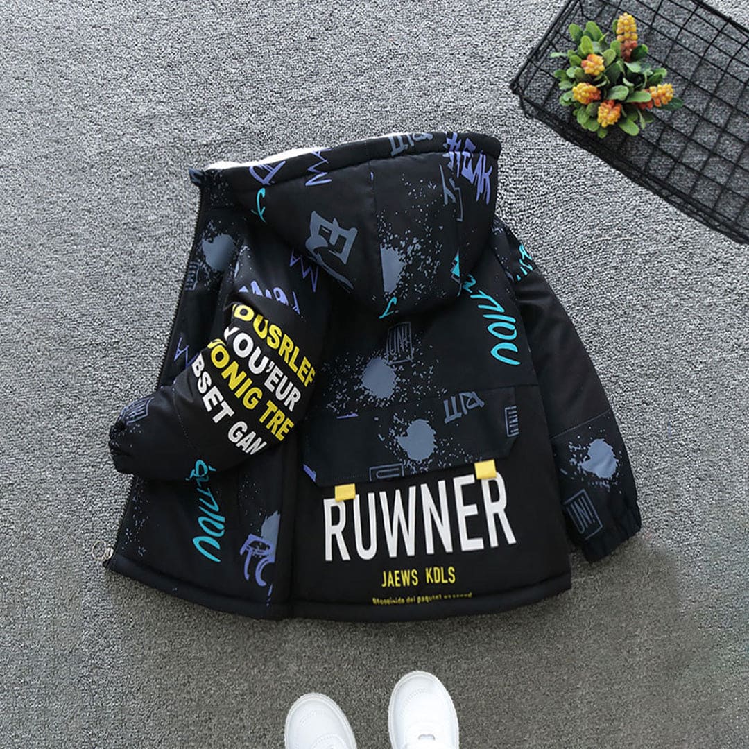 Boys Black Printed Hooded Jacket With Fleece Lining