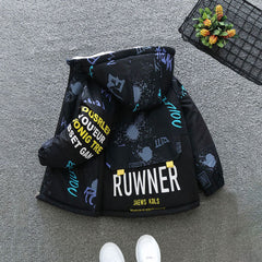 Boys Black Printed Hooded Jacket With Fleece Lining