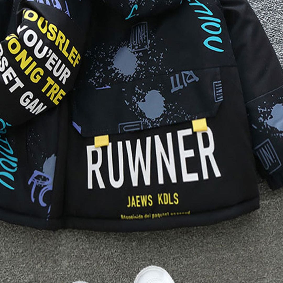 Boys Black Printed Hooded Jacket With Fleece Lining