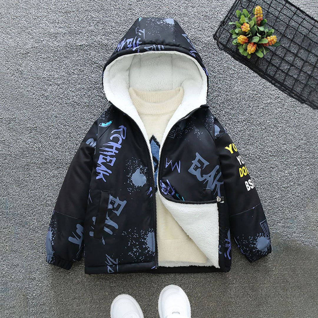 Boys Black Printed Hooded Jacket With Fleece Lining