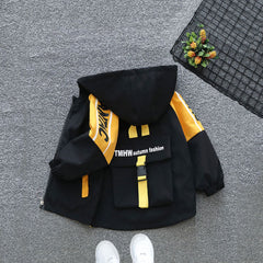 Boys Black Long Sleeve Hooded Printed Jacket
