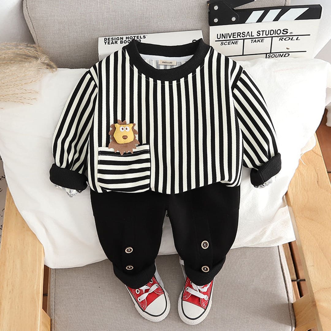 Boys Black Striped Sweatshirt With Trouser Set