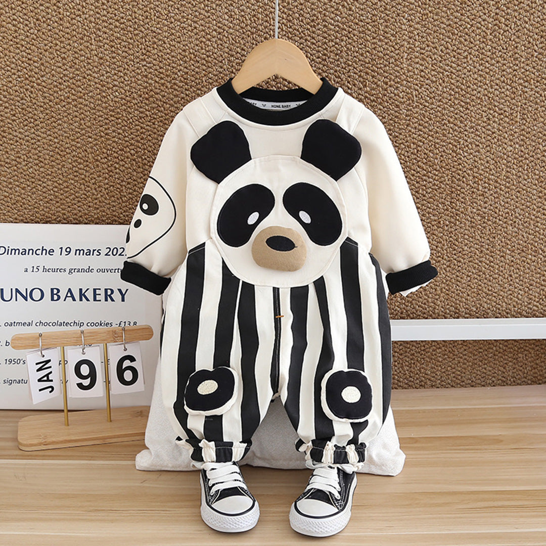 Boys Black Striped Panda Applique Sweatshirt & Dungaree Set