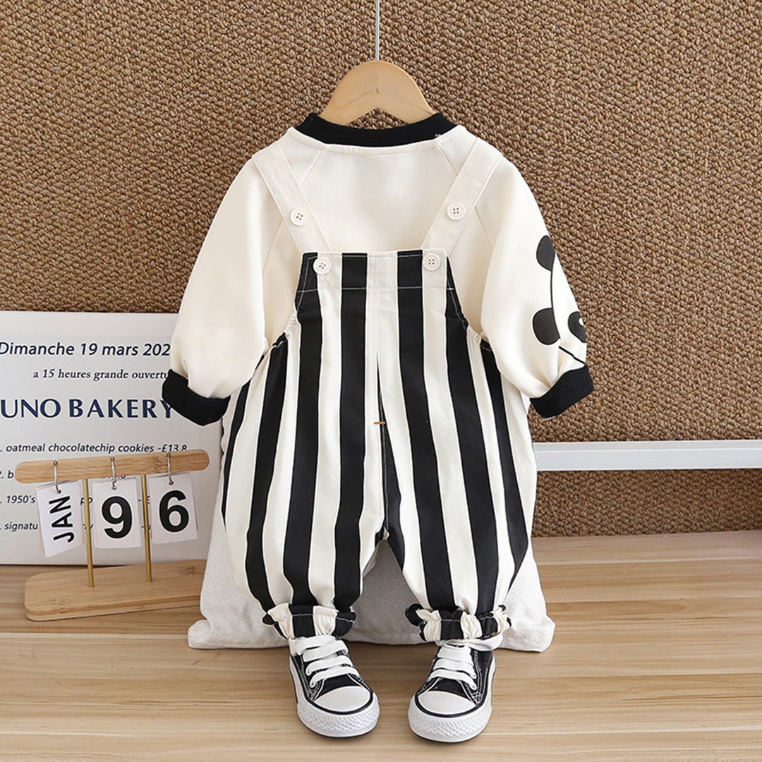 Boys Black Striped Panda Applique Sweatshirt & Dungaree Set