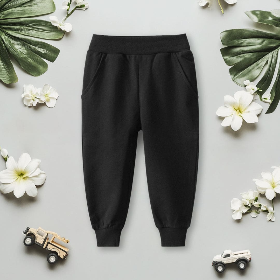 Boys Black Solid Elasticated Rib Trouser