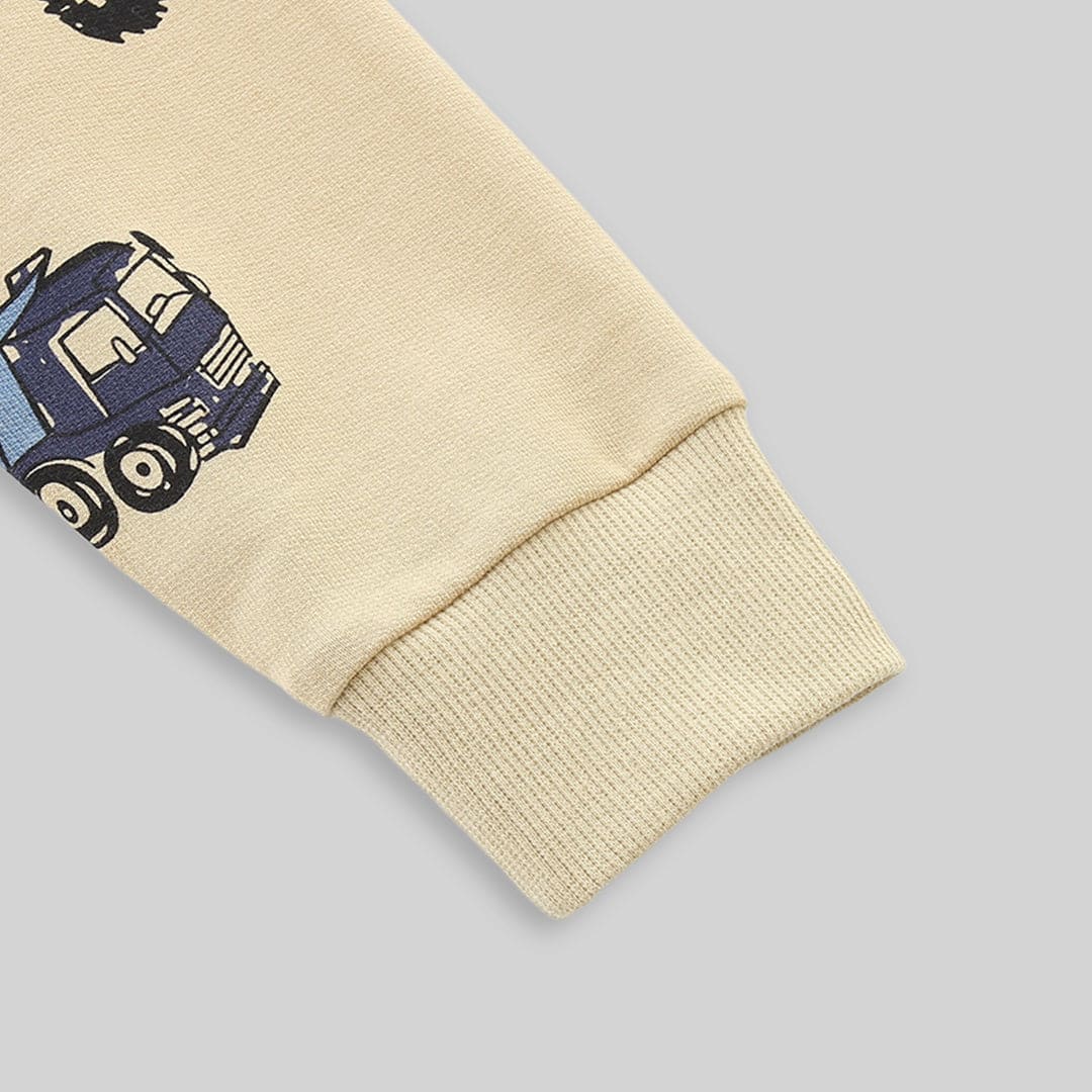Boys Beige Long Sleeve Car Printed Round Neck Sweatshirt