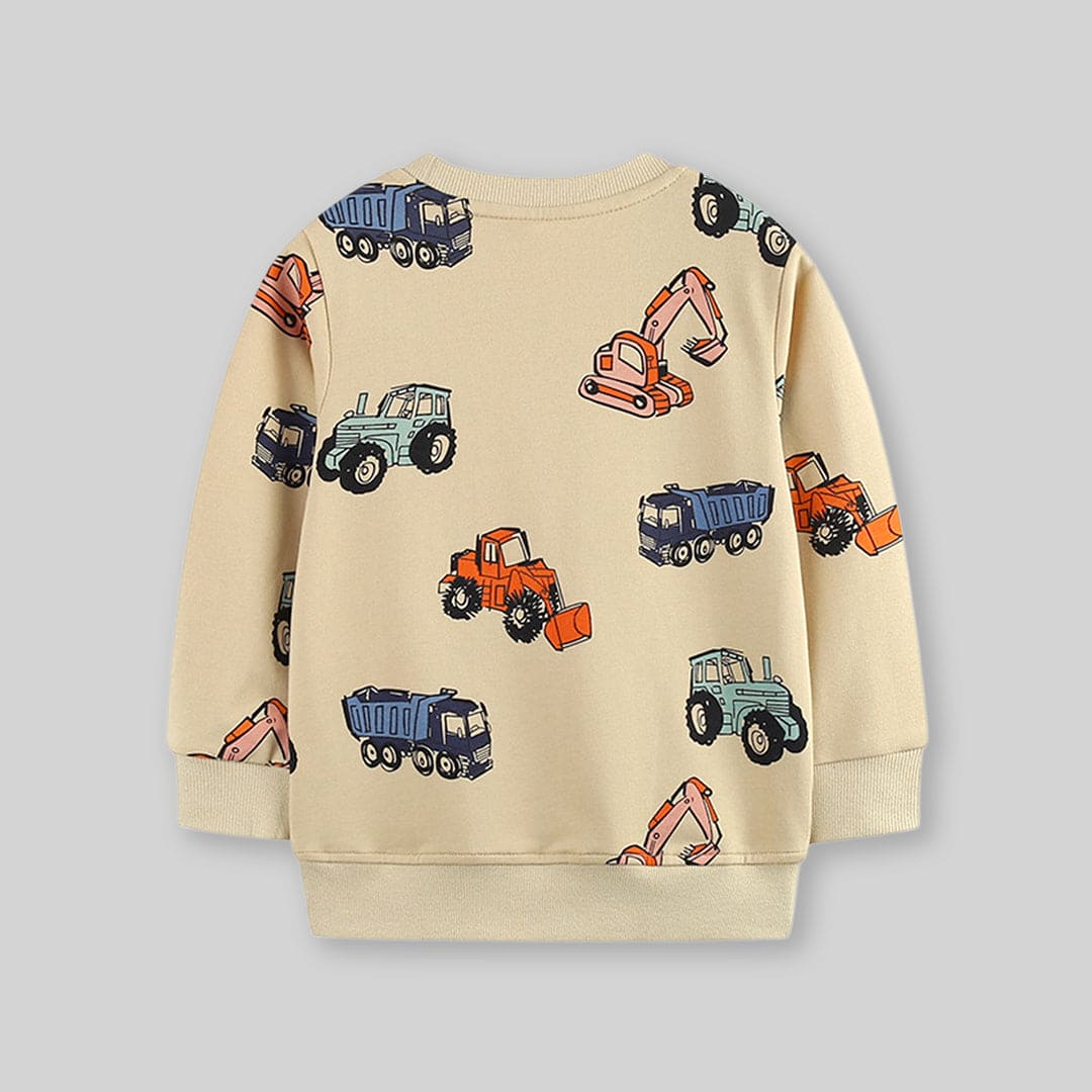 Boys Beige Long Sleeve Car Printed Round Neck Sweatshirt