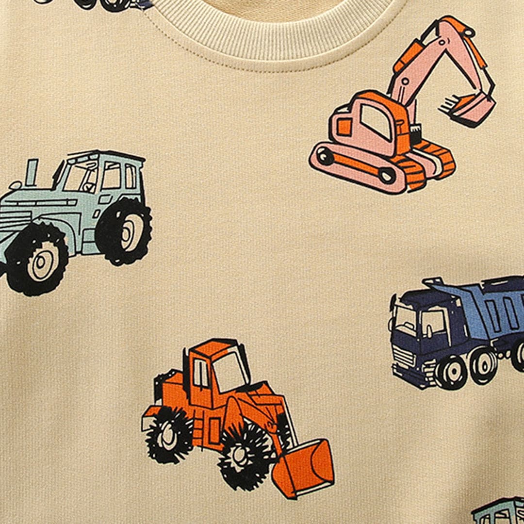 Boys Beige Long Sleeve Car Printed Round Neck Sweatshirt