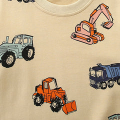 Boys Beige Long Sleeve Car Printed Round Neck Sweatshirt