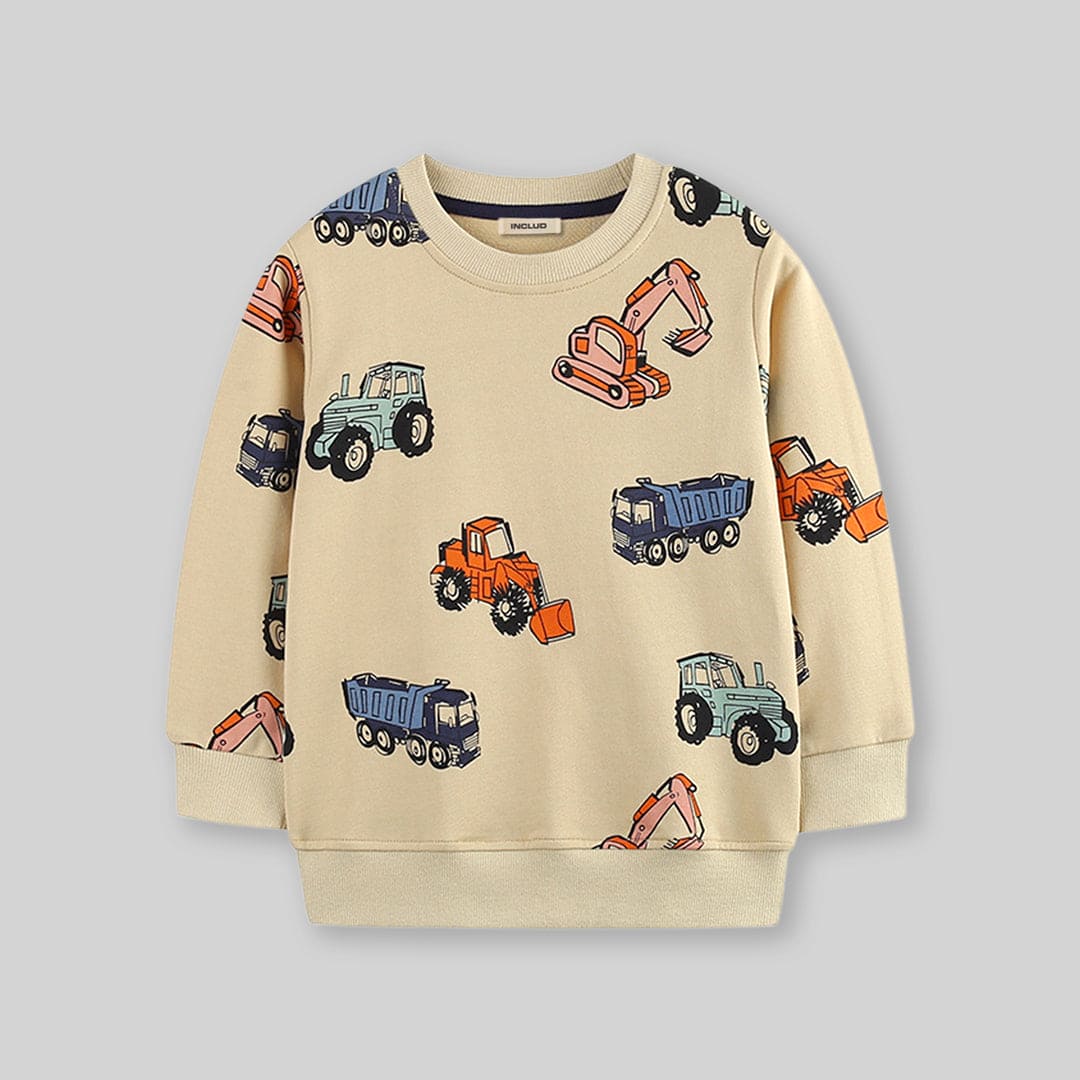 Boys Beige Long Sleeve Car Printed Round Neck Sweatshirt